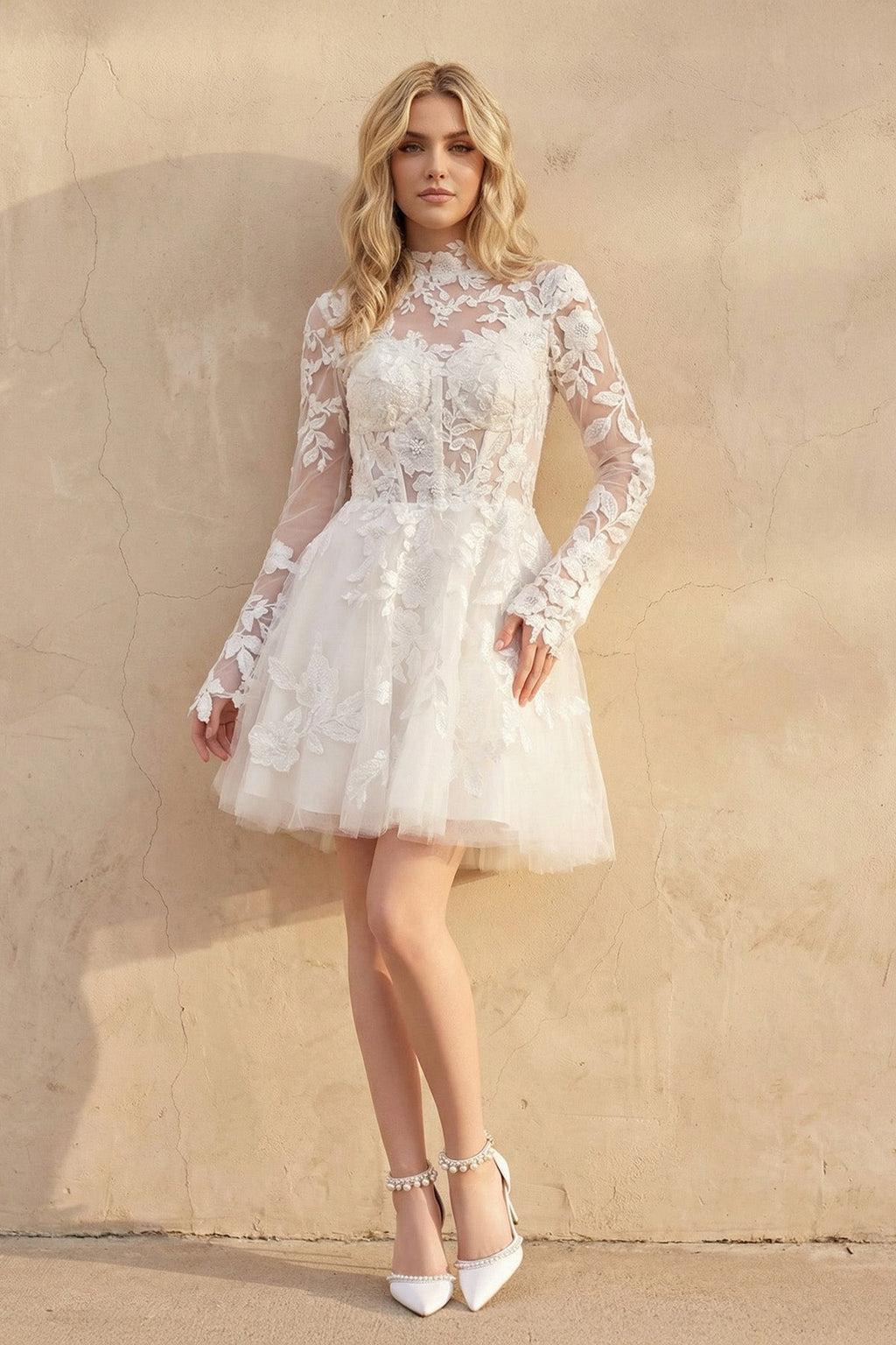 Diamond White Lace A-Line Wedding Dress with Floor Length