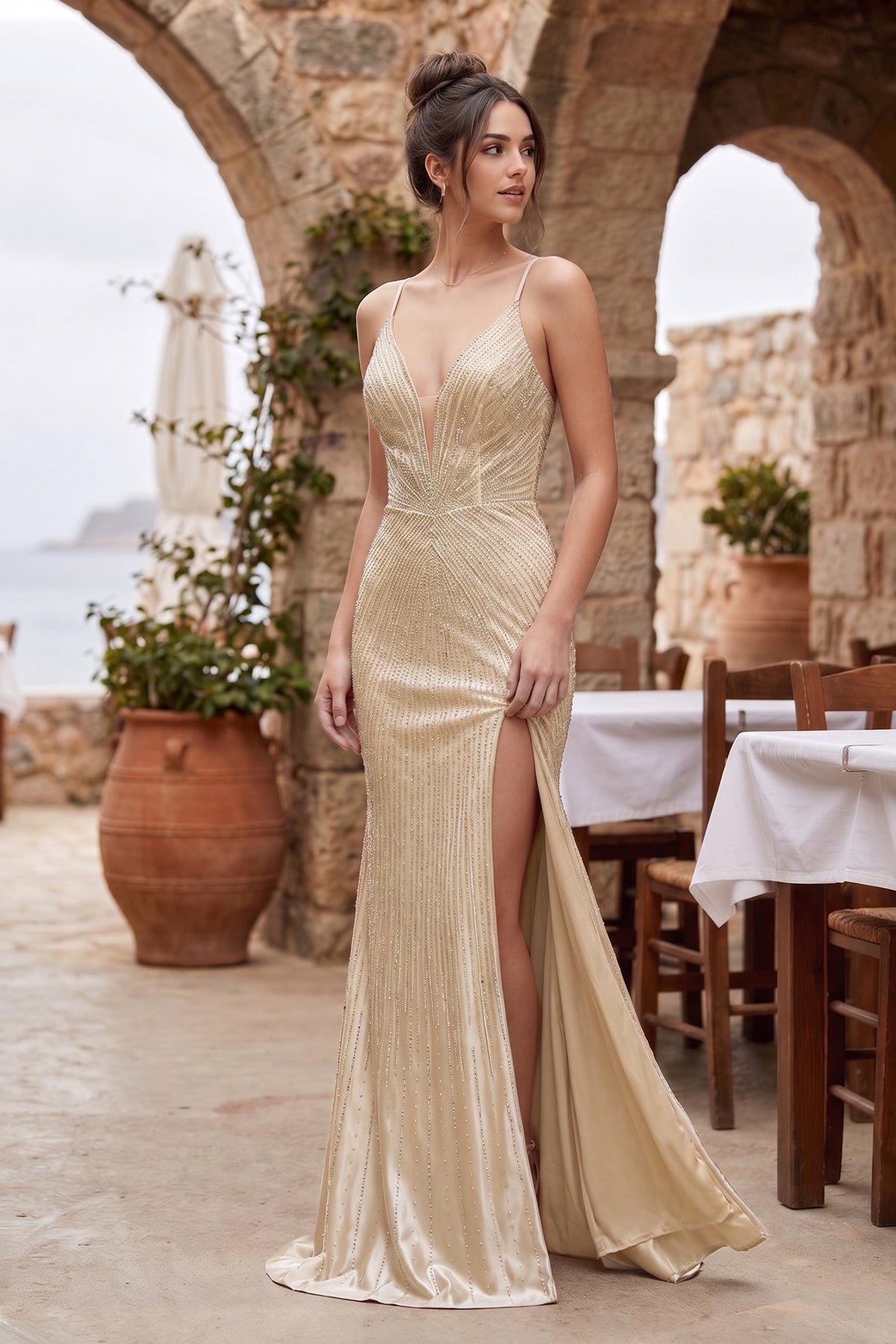 Bellamy Olive Champagne front view prom dress