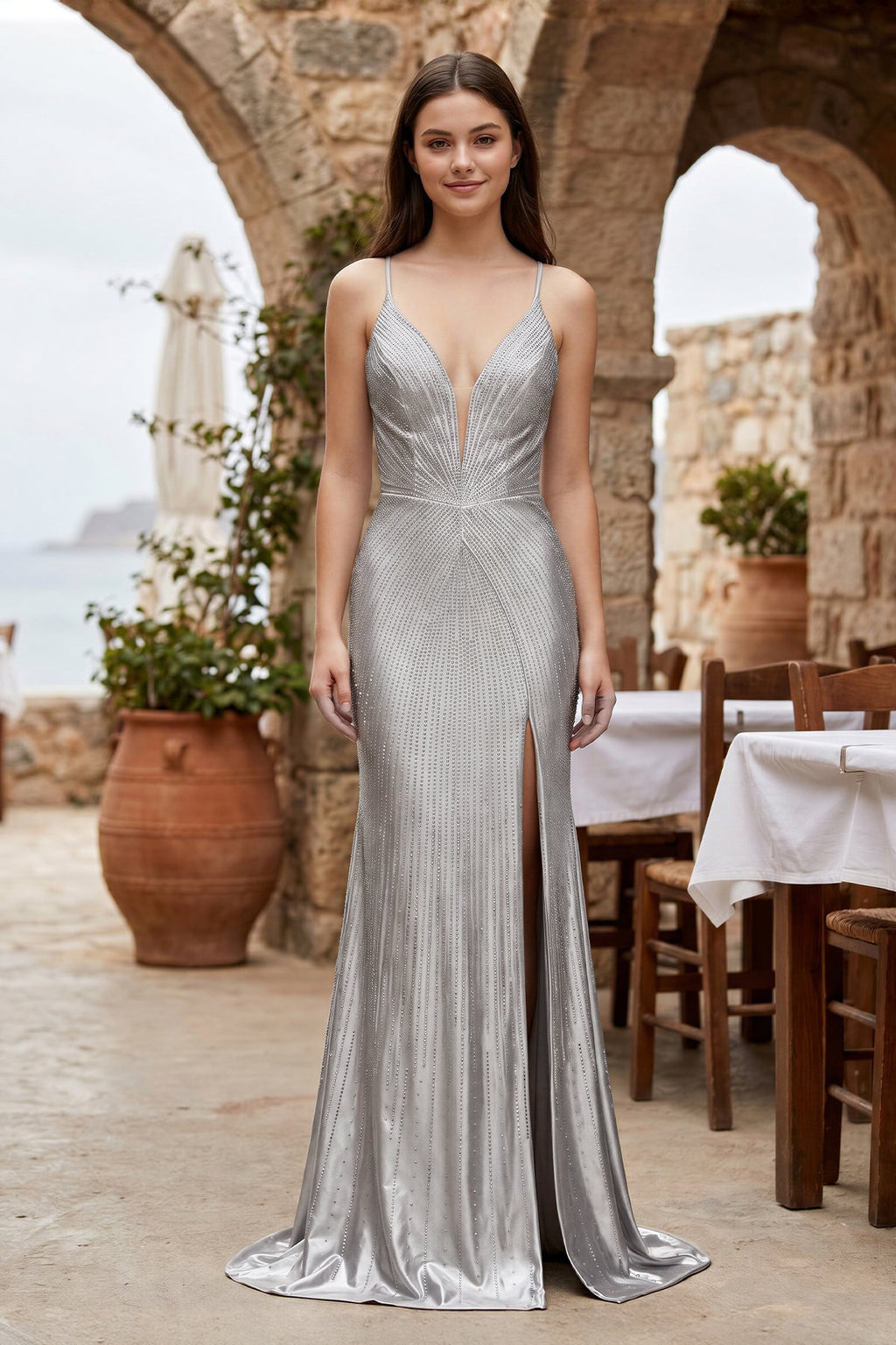 Bellamy Olive Silver front view prom dress
