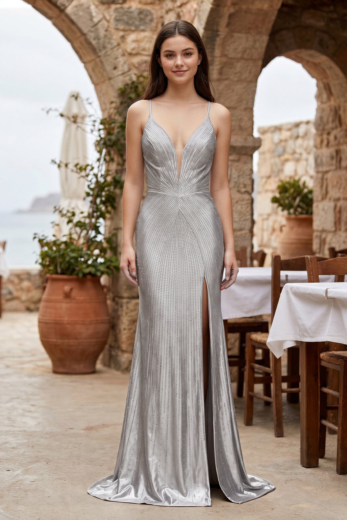 Bellamy Olive Silver front view prom dress