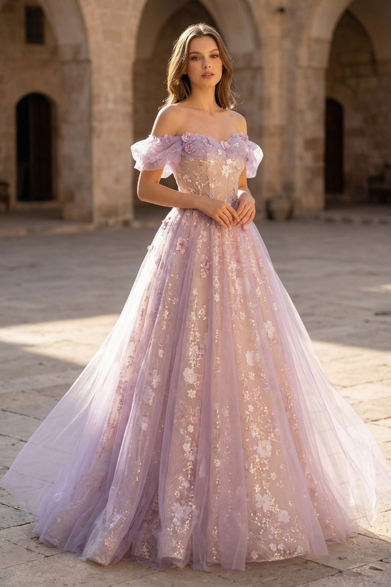 Lilac Tulle A-Line Evening Dress with Off The Shoulder Neckline and Sequins