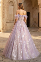 Lilac Tulle A-Line Evening Dress with Off The Shoulder Neckline and Sequins