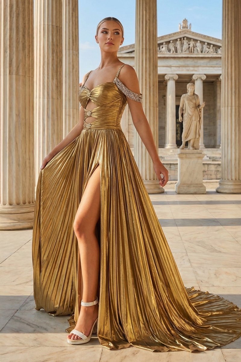 Jacinda Gold front view prom dress