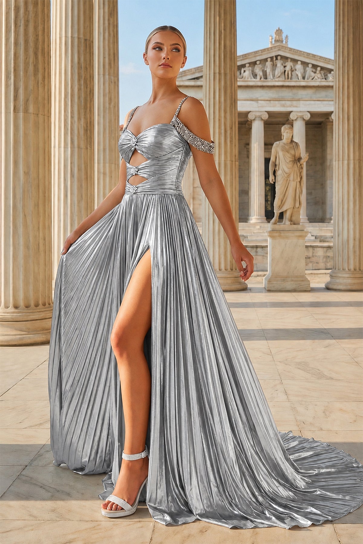 Jacinda Silver front view prom dress