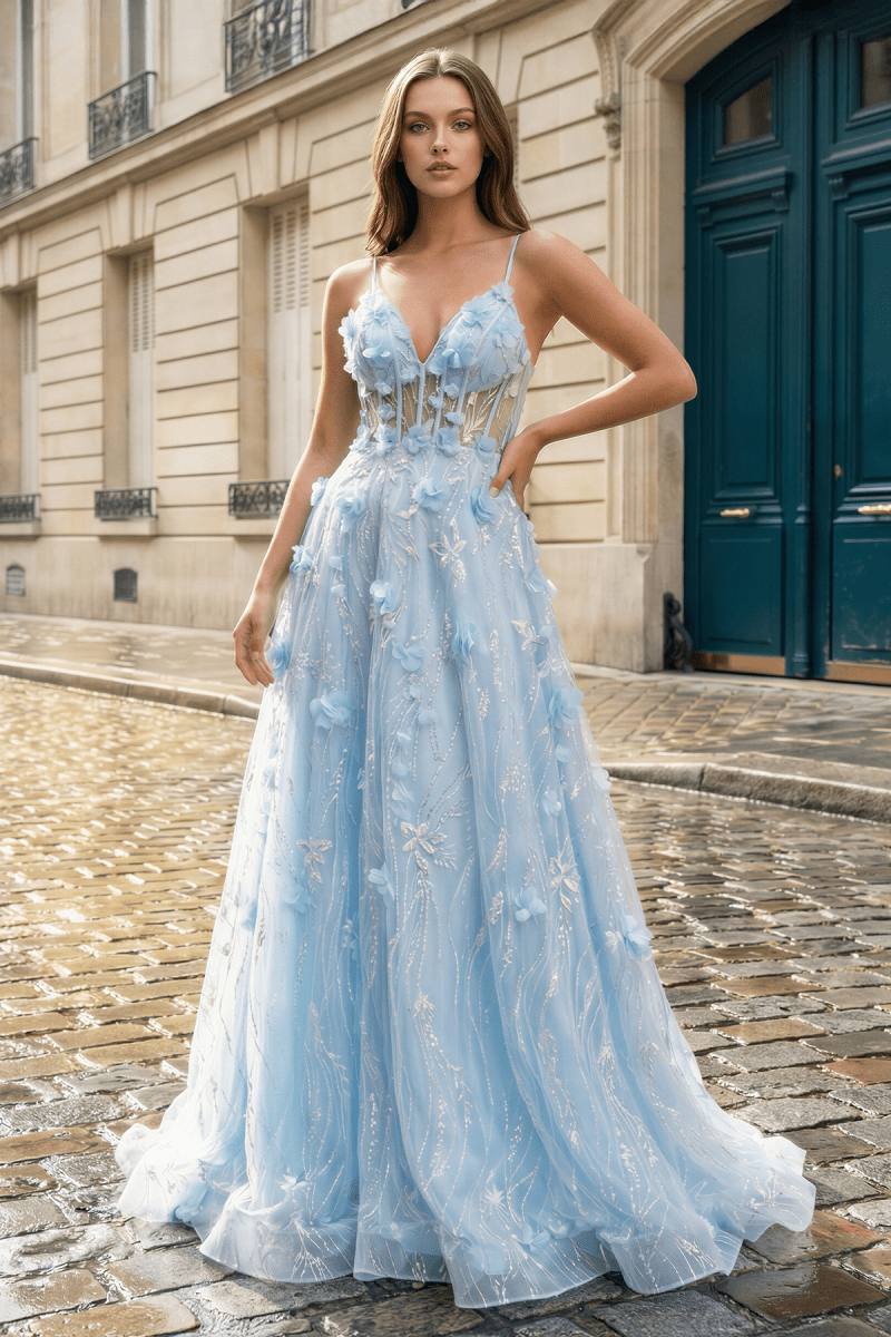 Aurelia Faye Sky Blue front view prom dress
