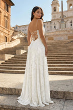 Pink A-Line Lace Floral Spaghetti Straps Long Formal Prom Gown