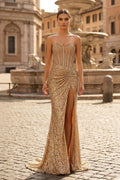 Gold Lace Mermaid Evening Dress with Sweetheart Neckline and Beading