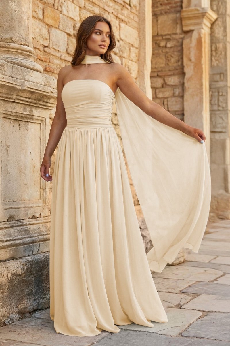 Xanthea Champagne front view prom dress