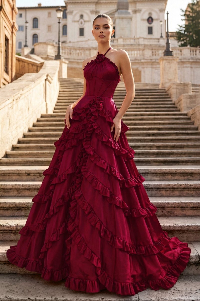 Hannelore Blue Burgundy front view prom dress