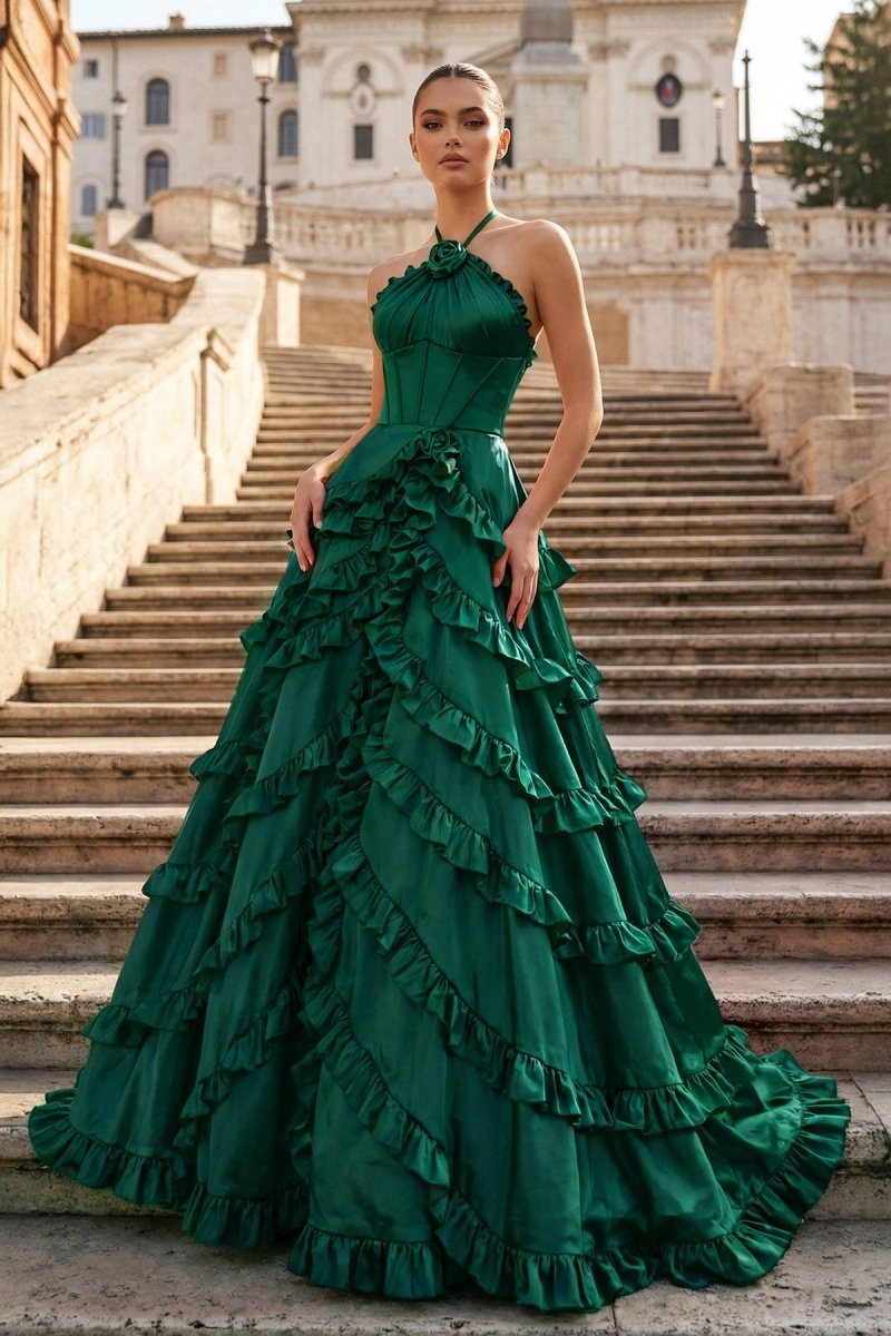 Hannelore Blue Hunter Green front view prom dress