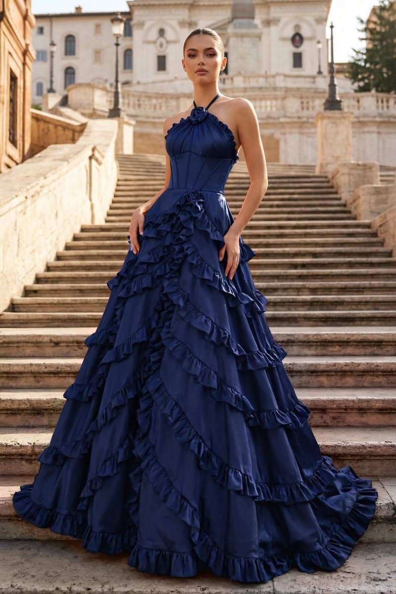Hannelore Blue Navy Blue front view prom dress