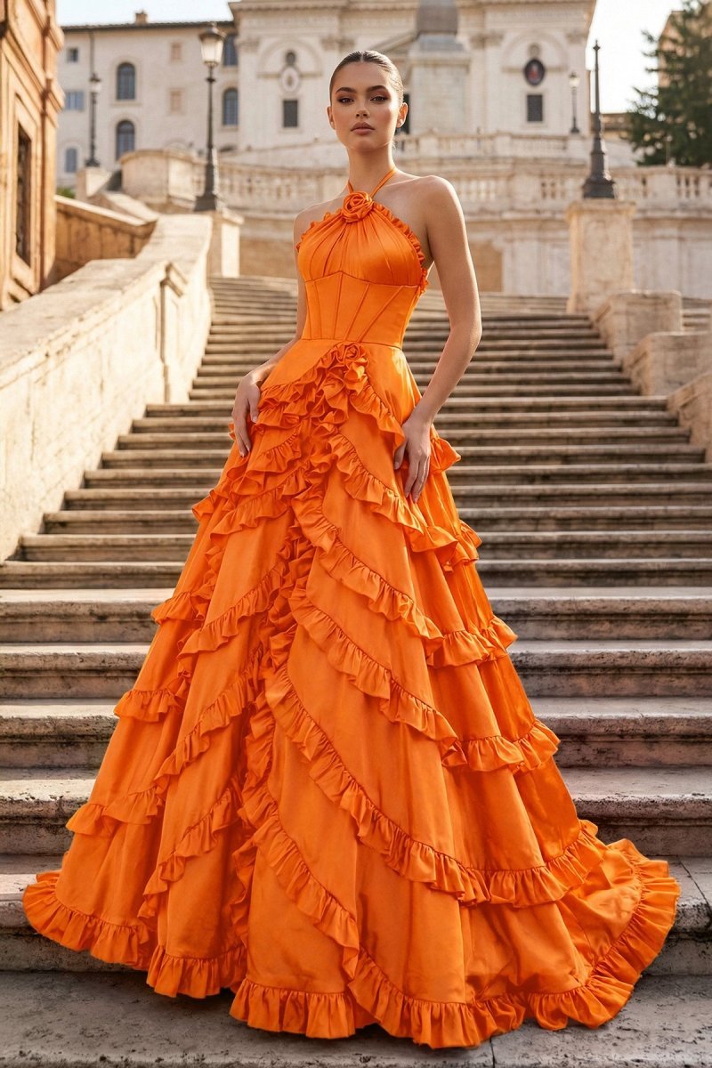 Hannelore Blue Orange front view prom dress