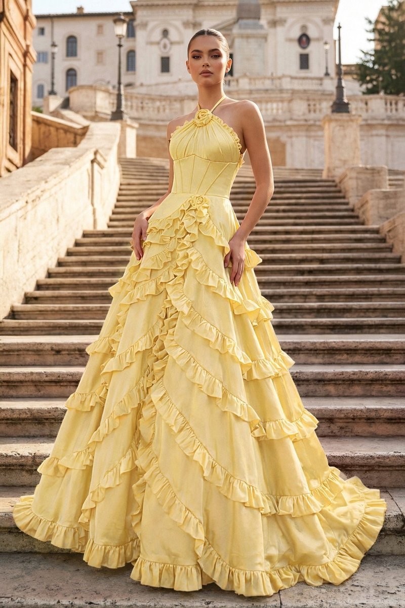 Hannelore Blue Yellow front view prom dress