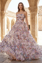 A-Line Strapless Floral Print Ruffle Long Formal Prom Gown with Slit