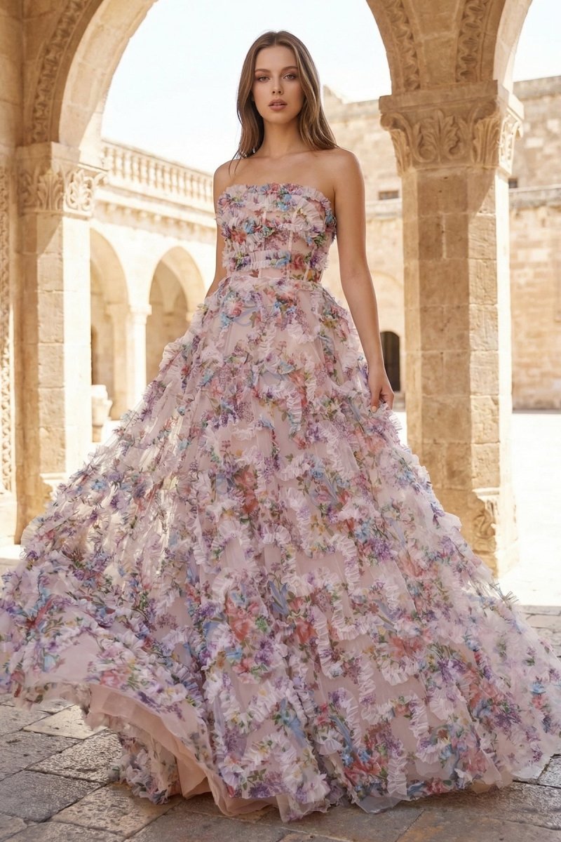 A-Line Strapless Floral Print Ruffle Long Formal Prom Gown with Slit