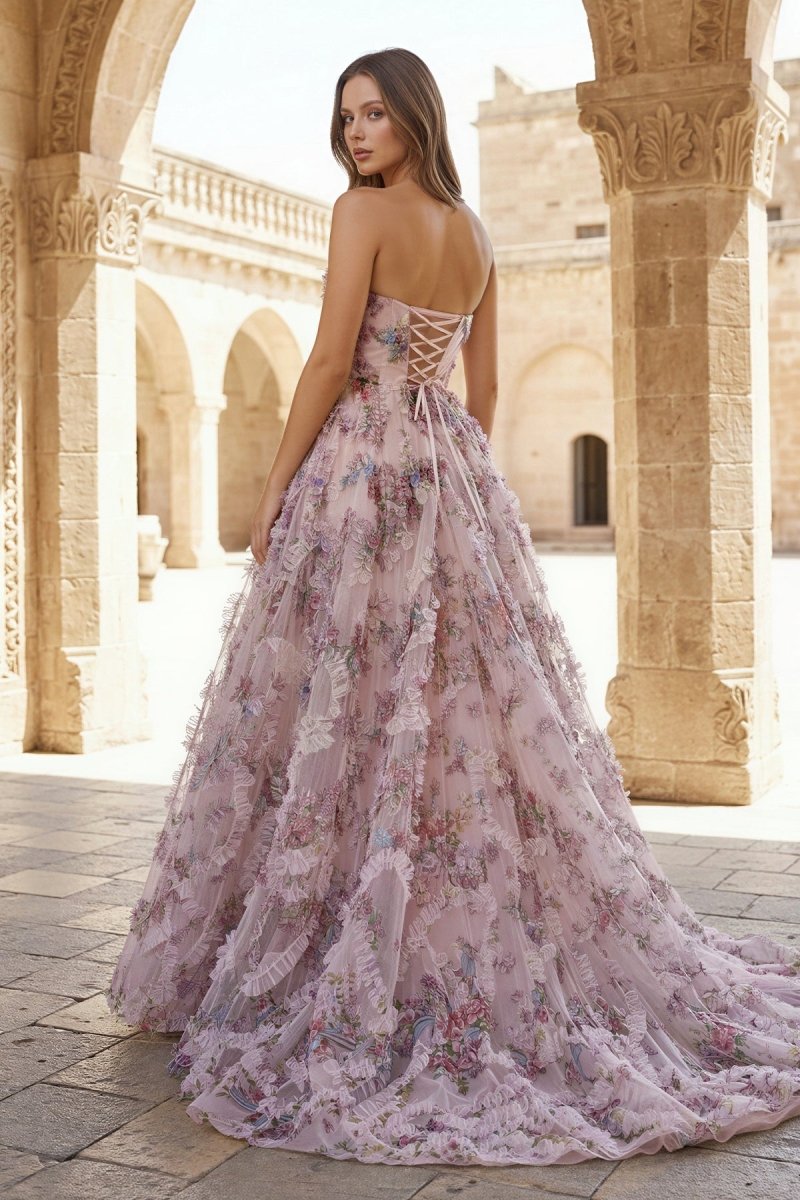 A-Line Strapless Floral Print Ruffle Long Formal Prom Gown with Slit
