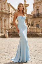 Sky Blue Mermaid Sweetheart Spandex Long Formal Prom Gown with Pleates