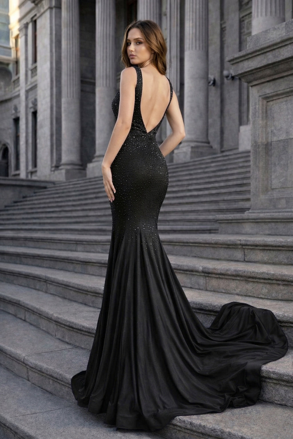 Navy Blue Satin Mermaid Evening Dress with V-Neck Neckline and Beading
