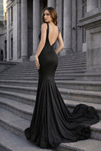 Navy Blue Satin Mermaid Evening Dress with V-Neck Neckline and Beading