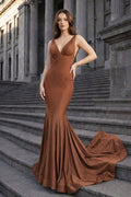 Navy Blue Satin Mermaid Evening Dress with V-Neck Neckline and Beading