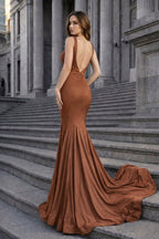 Navy Blue Satin Mermaid Evening Dress with V-Neck Neckline and Beading