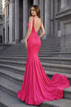 Navy Blue Satin Mermaid Evening Dress with V-Neck Neckline and Beading