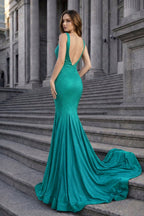 Navy Blue Satin Mermaid Evening Dress with V-Neck Neckline and Beading