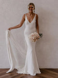 Diamond White Satin Mermaid Wedding Dress with V-Neck Neckline and Open Back