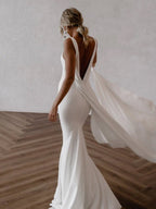 Diamond White Satin Mermaid Wedding Dress with V-Neck Neckline and Open Back