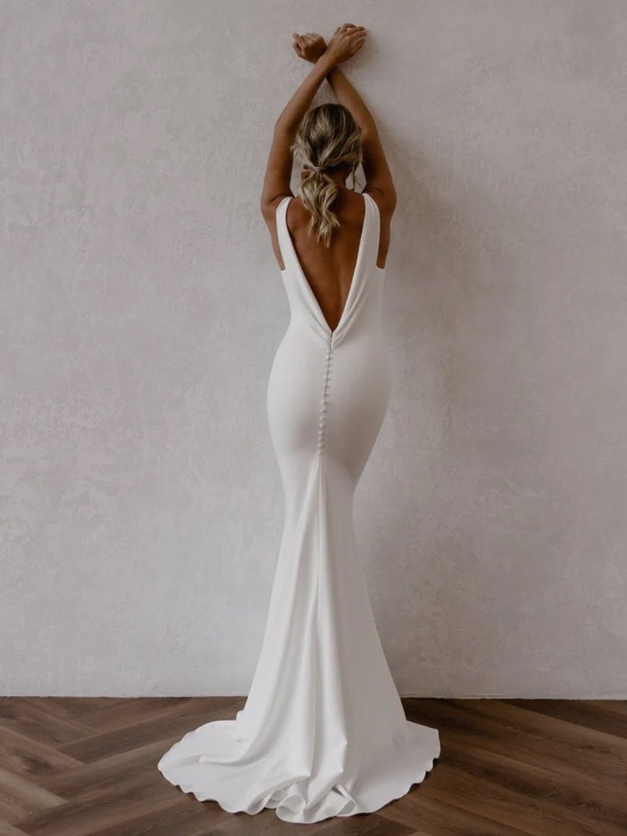 Diamond White Satin Mermaid Wedding Dress with V-Neck Neckline and Open Back