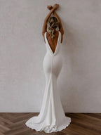 Diamond White Satin Mermaid Wedding Dress with V-Neck Neckline and Open Back