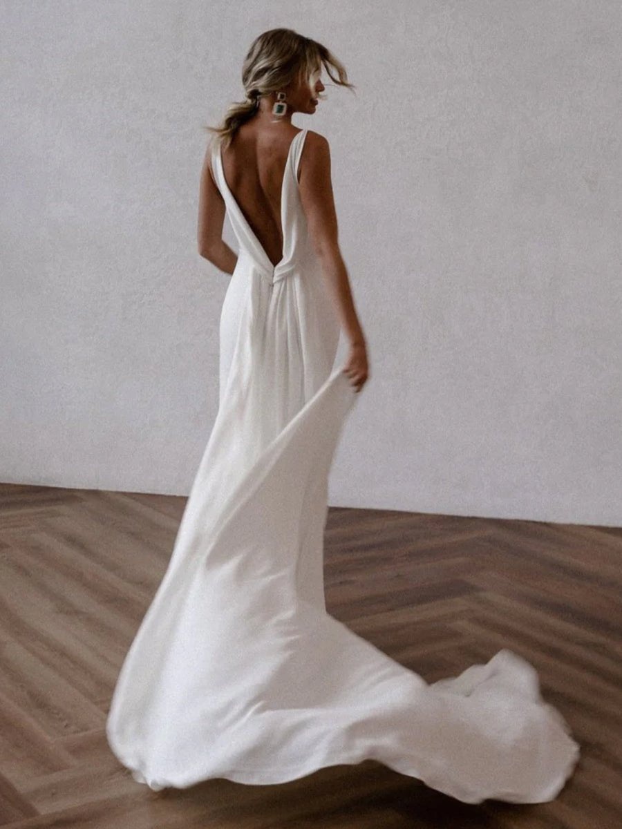 Diamond White Satin Mermaid Wedding Dress with V-Neck Neckline and Open Back