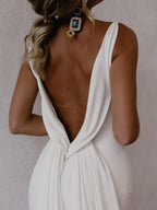 Diamond White Satin Mermaid Wedding Dress with V-Neck Neckline and Open Back