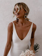 Diamond White Satin Mermaid Wedding Dress with V-Neck Neckline and Open Back