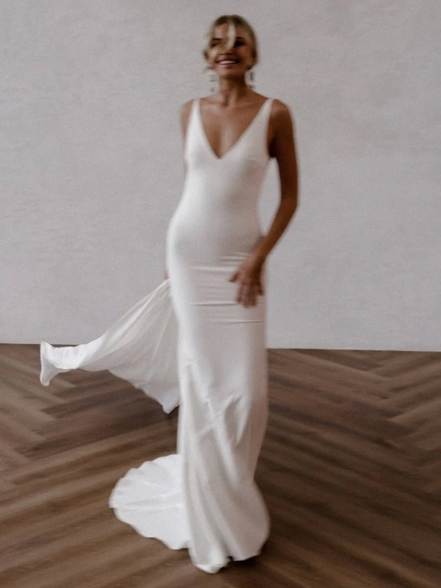 Diamond White Satin Mermaid Wedding Dress with V-Neck Neckline and Open Back