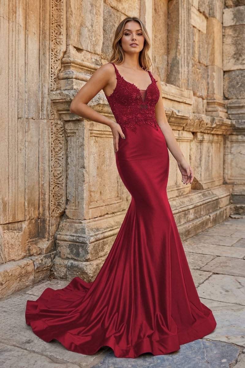 Mireille Burgundy front view prom dress