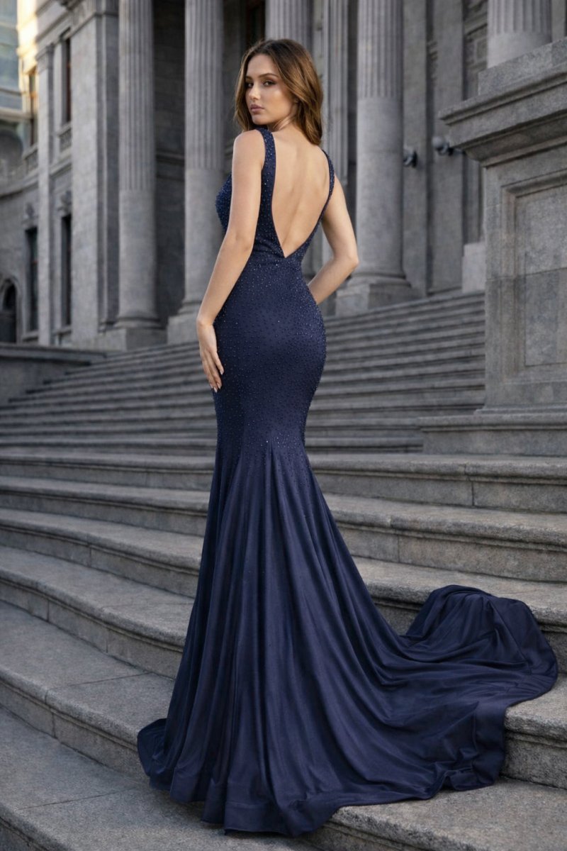 Navy Blue Satin Mermaid Evening Dress with V-Neck Neckline and Beading