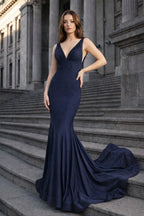 Navy Blue Satin Mermaid Evening Dress with V-Neck Neckline and Beading