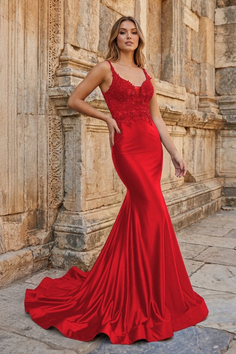 Mireille Red front view prom dress