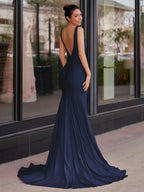 Navy Blue Satin Mermaid Evening Dress with V-Neck Neckline and Beading
