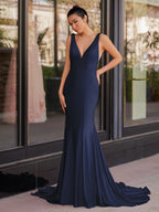 Navy Blue Satin Mermaid Evening Dress with V-Neck Neckline and Beading