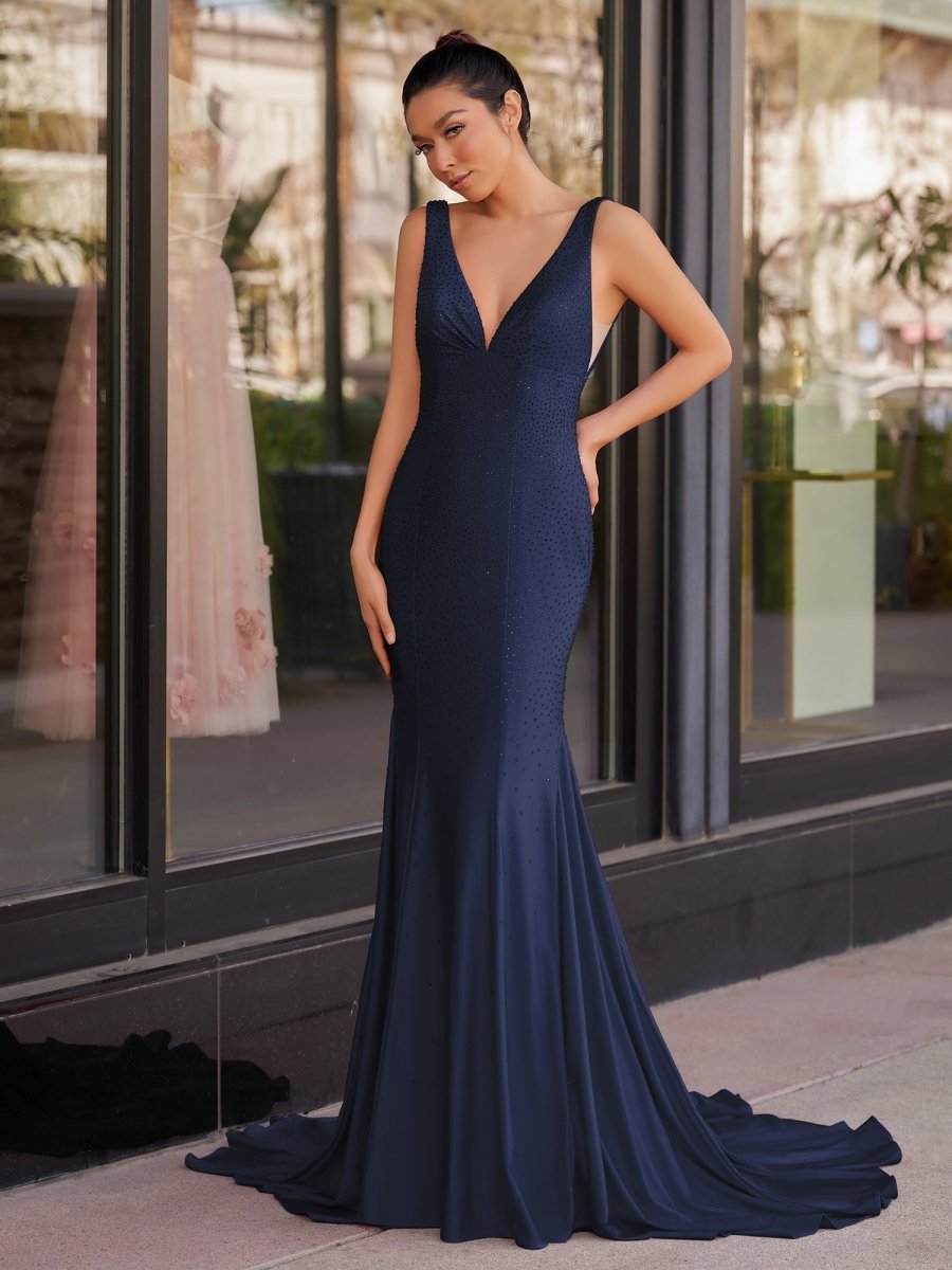 Navy Blue Satin Mermaid Evening Dress with V-Neck Neckline and Beading