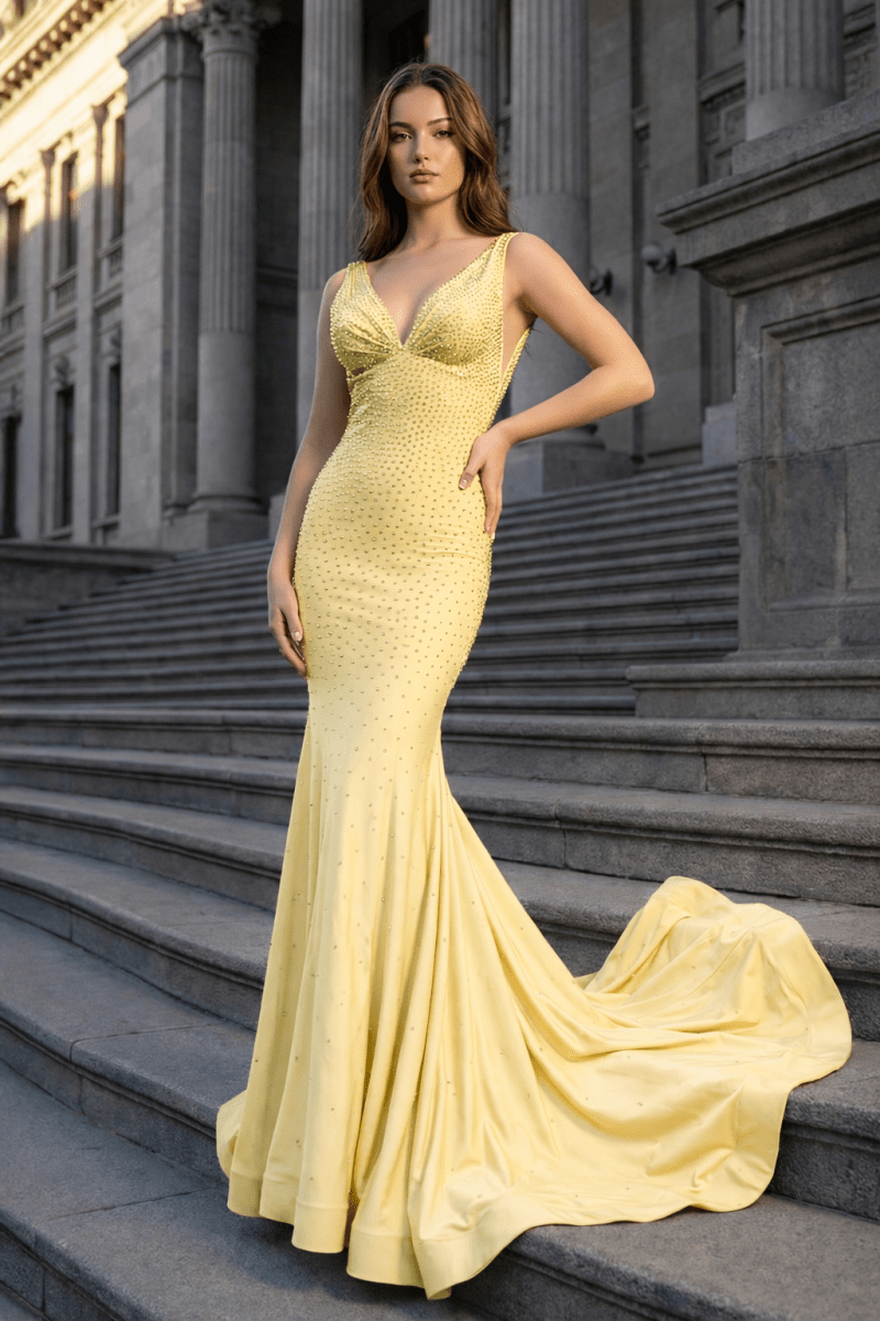 Navy Blue Satin Mermaid Evening Dress with V-Neck Neckline and Beading