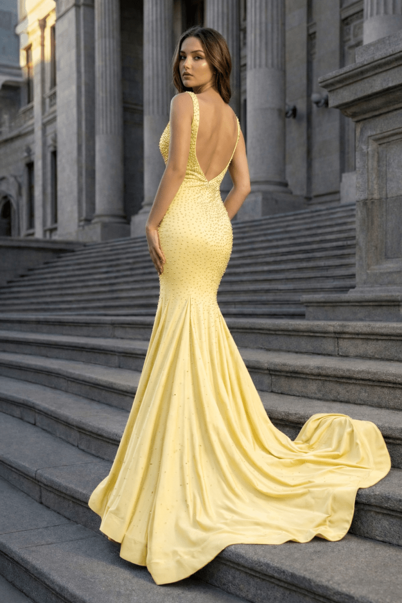 Navy Blue Satin Mermaid Evening Dress with V-Neck Neckline and Beading