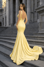 Navy Blue Satin Mermaid Evening Dress with V-Neck Neckline and Beading
