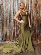 Navy Blue Satin Mermaid Evening Dress with V-Neck Neckline and Beading