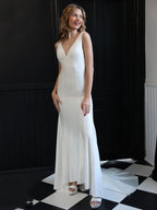 Navy Blue Satin Mermaid Evening Dress with V-Neck Neckline and Beading