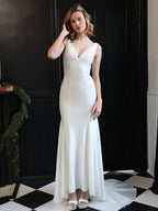 Navy Blue Satin Mermaid Evening Dress with V-Neck Neckline and Beading