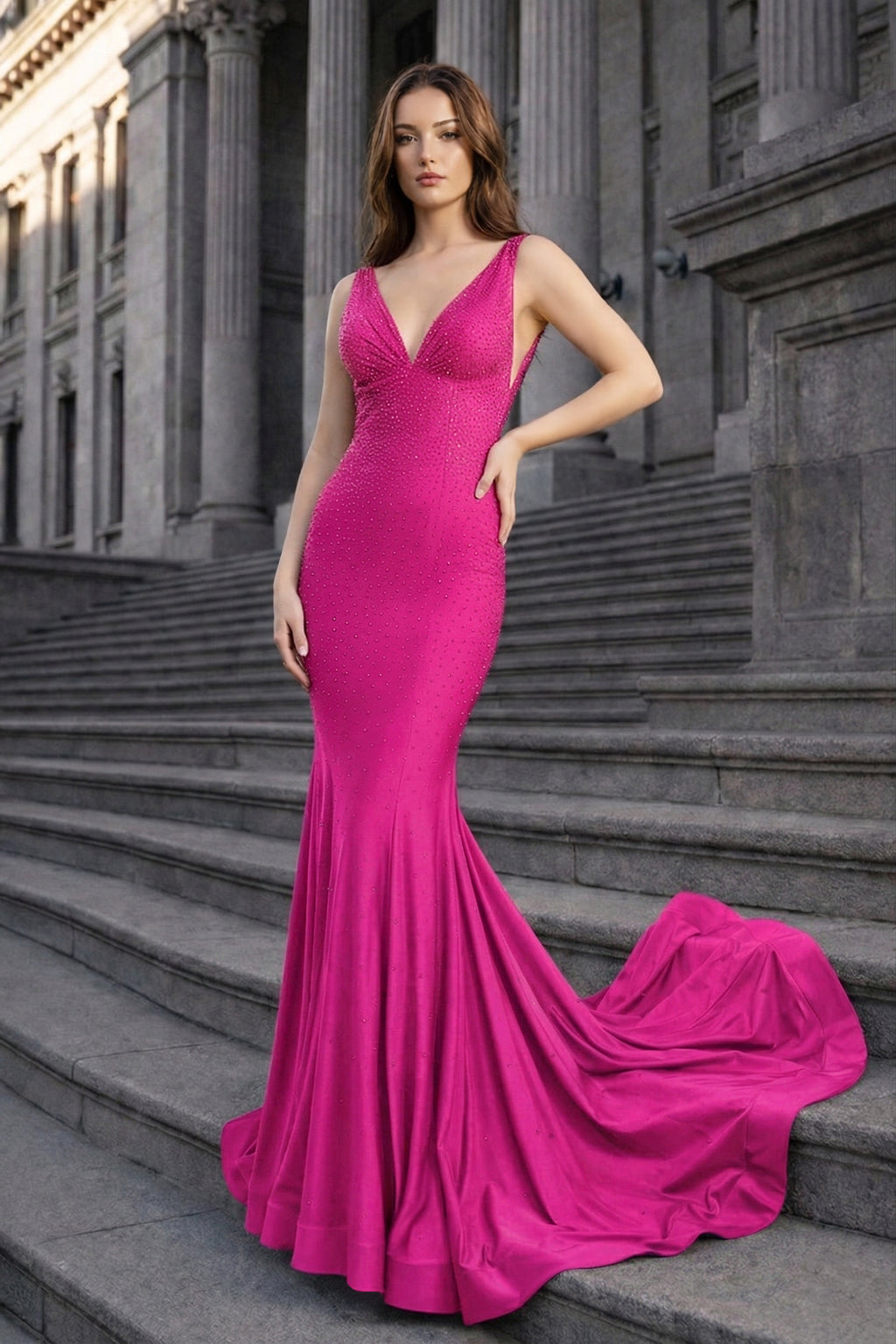 Navy Blue Satin Mermaid Evening Dress with V-Neck Neckline and Beading