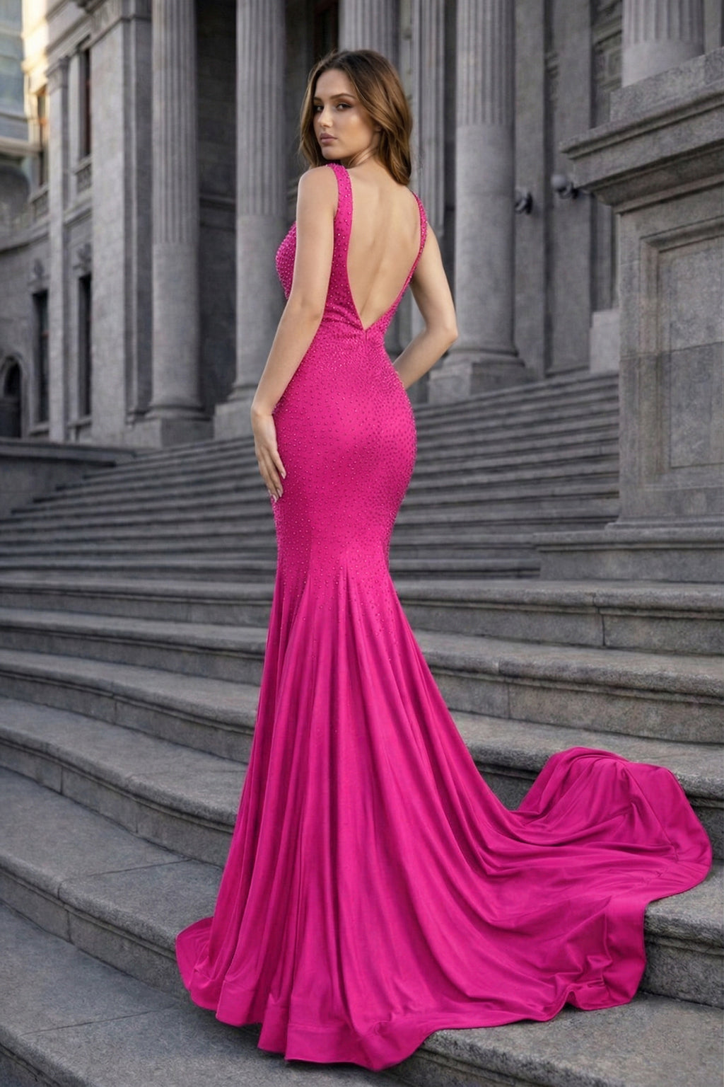 Navy Blue Satin Mermaid Evening Dress with V-Neck Neckline and Beading